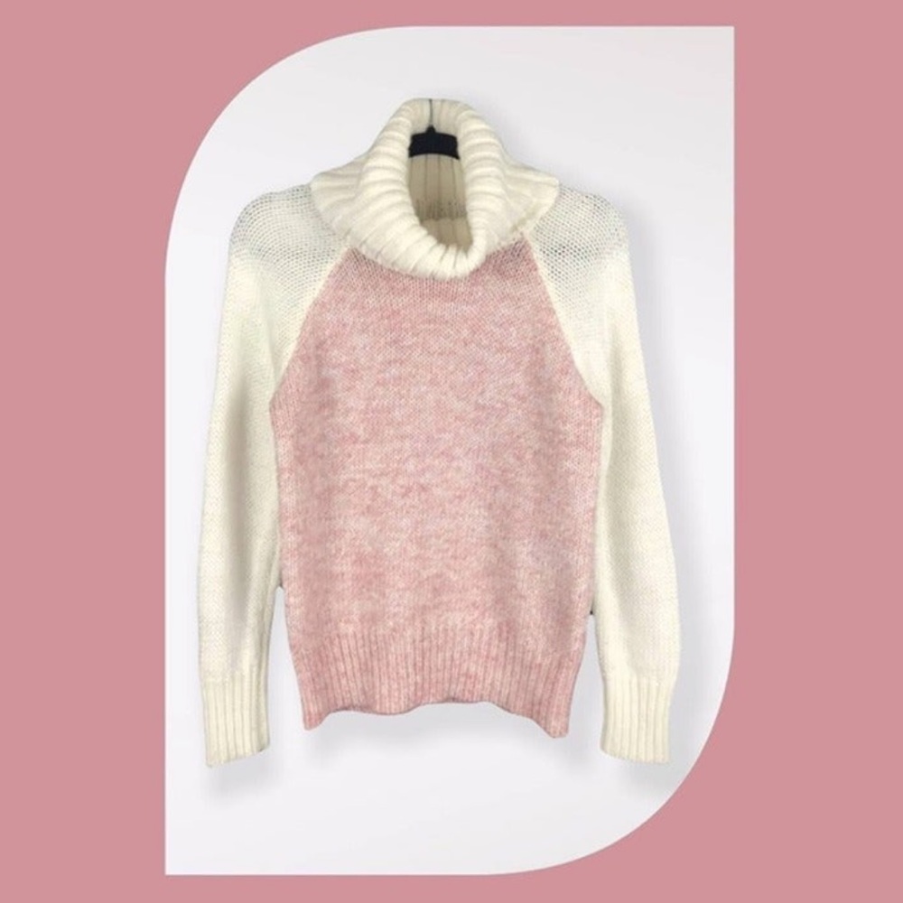 NWT ModCloth Raglan Cowl Neck Pink Color Block Cozy Knit Turtleneck Sweater LG - Picture 8 of 12